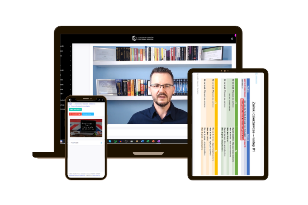 Laptop, tablet i smartfon wyświetlają przykładowe lekcje angielskiego.