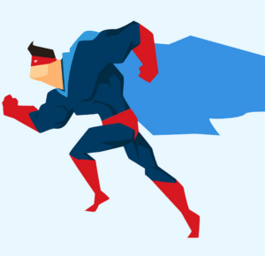 Komiksowy mężczyzna z peleryną na plecach szykuje się do biegu, skoku lub lotu.