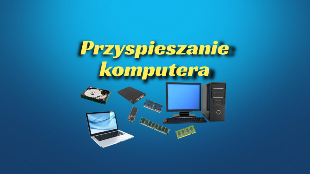 Komputer stacjonarny, laptop oraz różne moduły pamięci i dysk twardych.