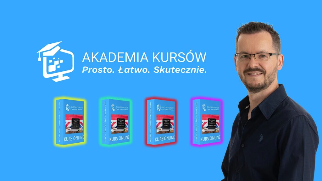 Obrazek SEO dla strony głównej przedstawiający autora z jego serią kursów ANGIELSKI BEZ TAJEMNIC, od lewej do prawej: Słownictwo Podstawowe, Podstawy, Czasy, Gramatyka oraz logo Akademii Kursów.