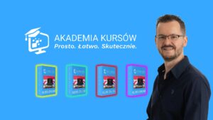 Obrazek SEO dla strony głównej przedstawiający autora z jego serią kursów ANGIELSKI BEZ TAJEMNIC, od lewej do prawej: Słownictwo Podstawowe, Podstawy, Czasy, Gramatyka oraz logo Akademii Kursów.